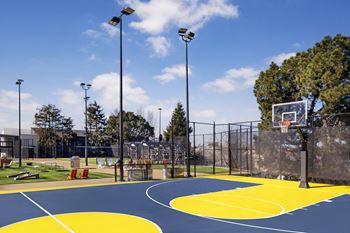 a basketball court in a park on a sunny day